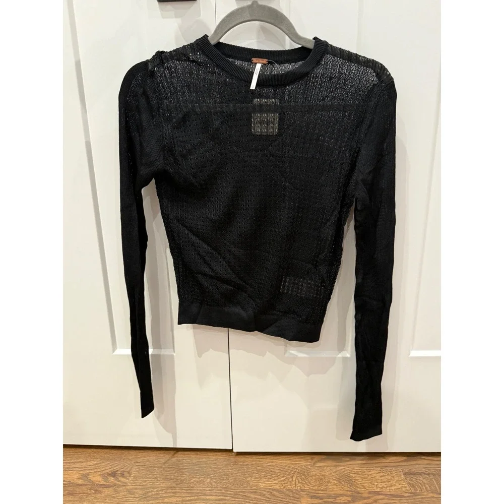 Free People Black Sheer Mesh‎ Knit Cropped Long Sleeve Sweater Top S
